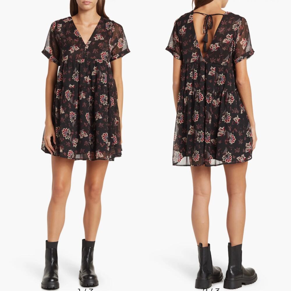 Patrons of Peace Adele Tie Back Paisley Floral Short Sleeve Babydoll Mini Dress